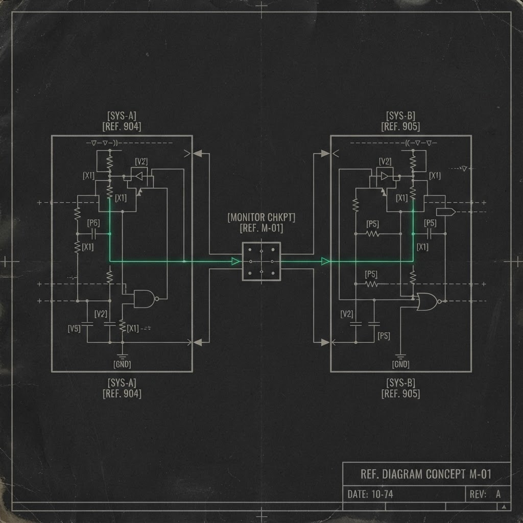 Archival-style reference monitor diagram: a checkpoint block between two systems